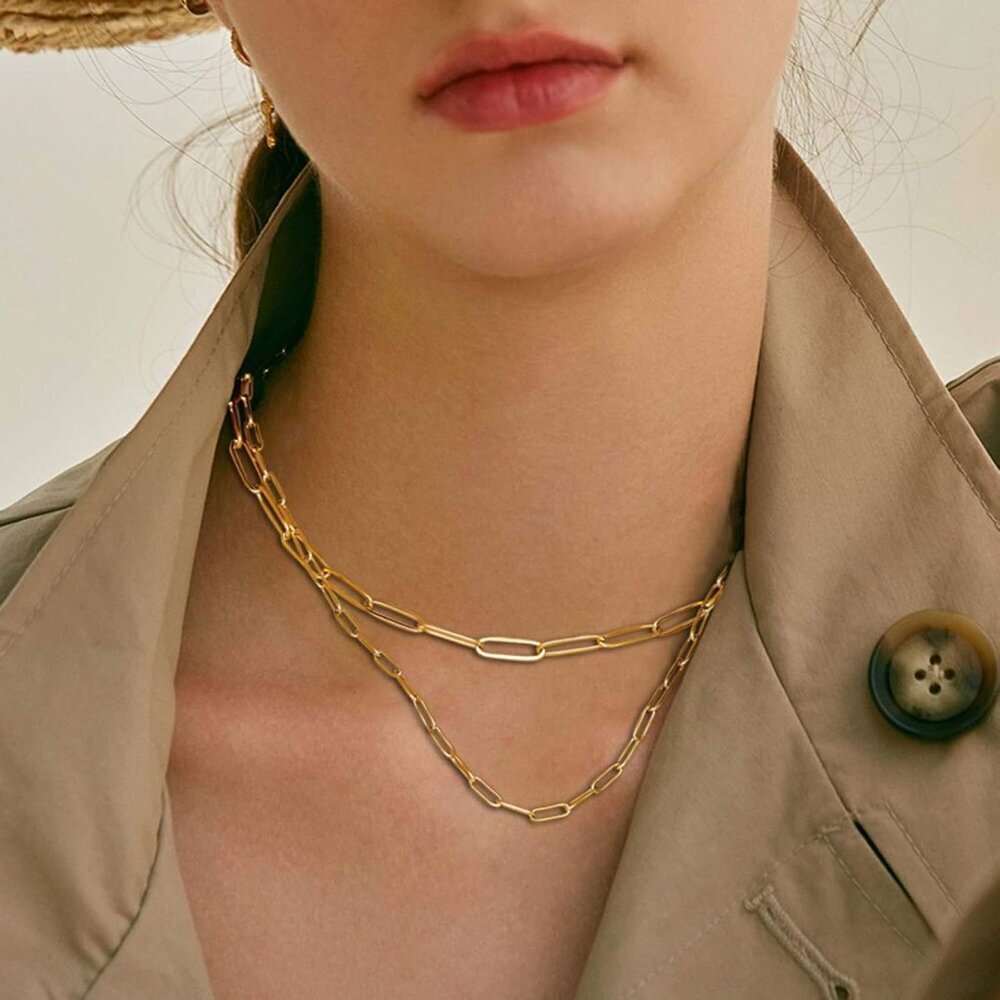 Dainty 18k Gold Paperclip Link Necklace Set for Women - Hypoallergenic & Stylish - Picture 4 of 7